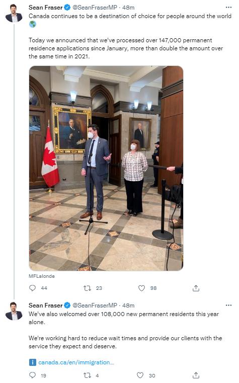 加拿大移民部长SeanFraser推特